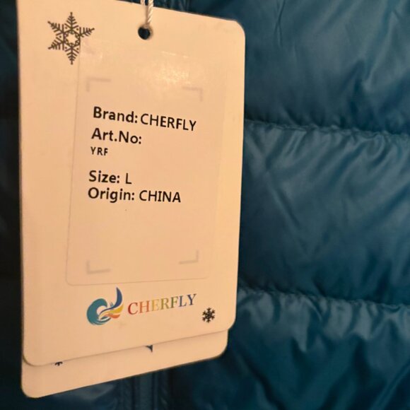 Cherfly Down Puffer Jacket with Attached Hood Large Turquoise NWT - Picture 3 of 6